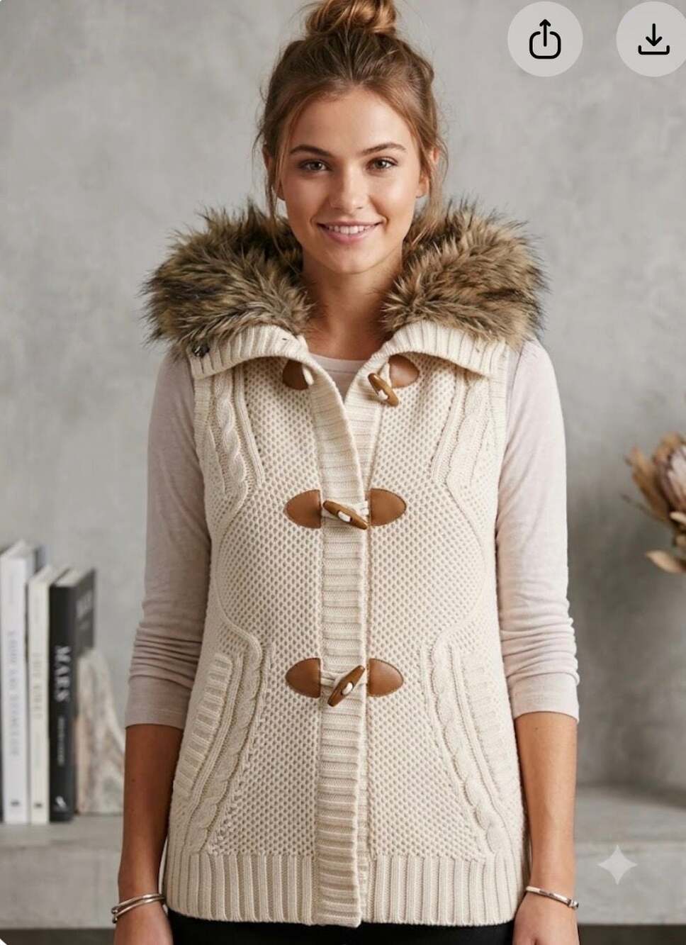 Pink Republic Cream Knit Faux Fur Collar Toggle Button Sweater Vest